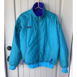 Vintage Columbia Womens Reversible Bomber Jacket Large Blue Purple Full Zip 90s